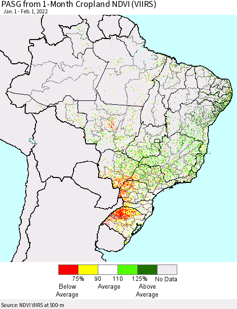 Brazil PASG from 1-Month Cropland NDVI (VIIRS) Thematic Map For 1/25/2022 - 2/1/2022