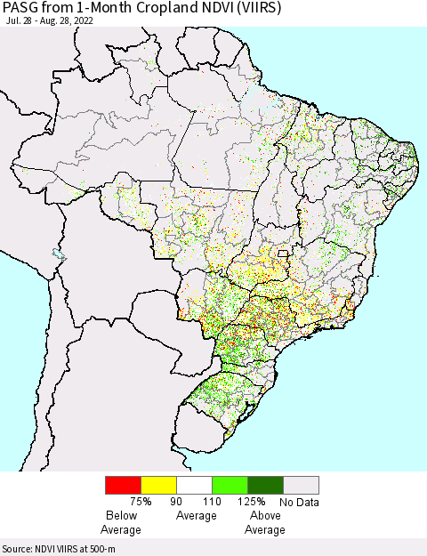 Brazil PASG from 1-Month Cropland NDVI (VIIRS) Thematic Map For 8/21/2022 - 8/28/2022