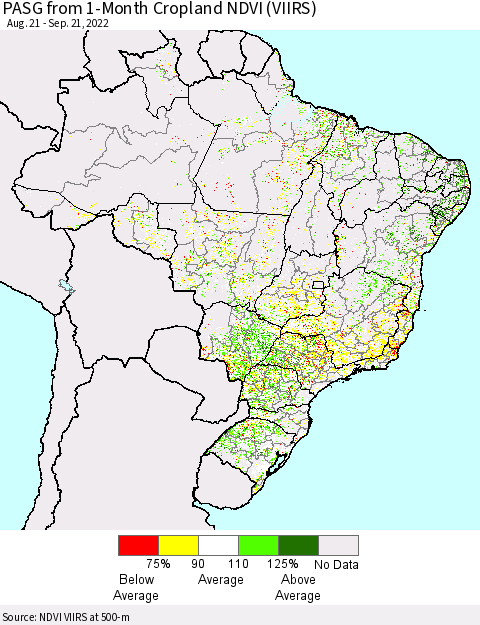 Brazil PASG from 1-Month Cropland NDVI (VIIRS) Thematic Map For 9/14/2022 - 9/21/2022