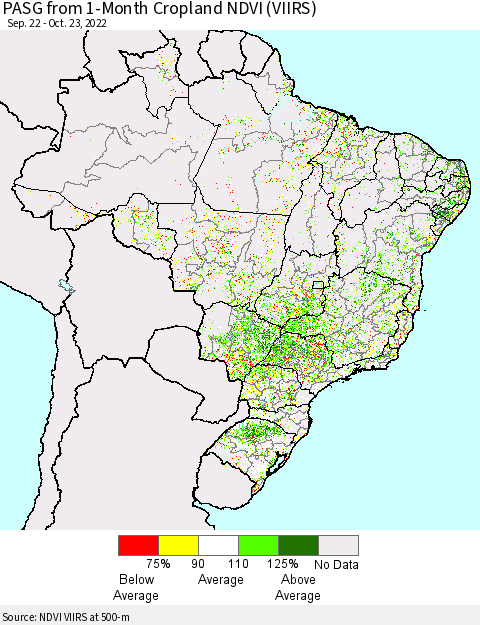 Brazil PASG from 1-Month Cropland NDVI (VIIRS) Thematic Map For 10/16/2022 - 10/23/2022