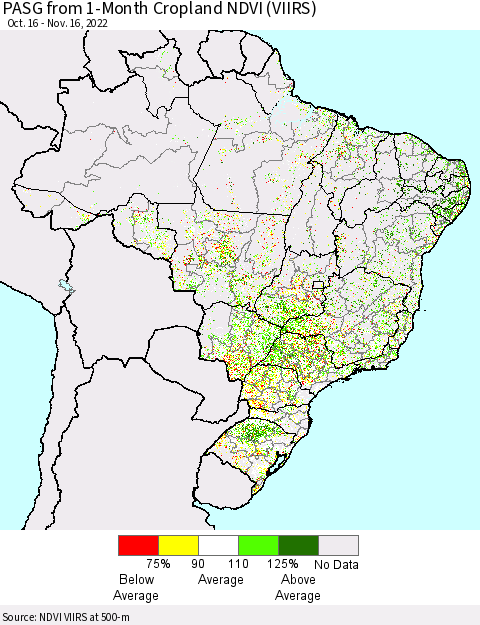 Brazil PASG from 1-Month Cropland NDVI (VIIRS) Thematic Map For 11/9/2022 - 11/16/2022