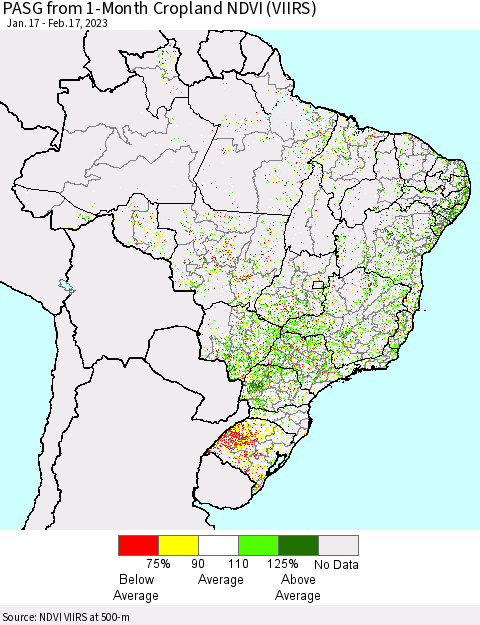 Brazil PASG from 1-Month Cropland NDVI (VIIRS) Thematic Map For 2/10/2023 - 2/17/2023
