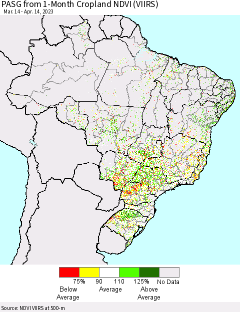 Brazil PASG from 1-Month Cropland NDVI (VIIRS) Thematic Map For 4/7/2023 - 4/14/2023