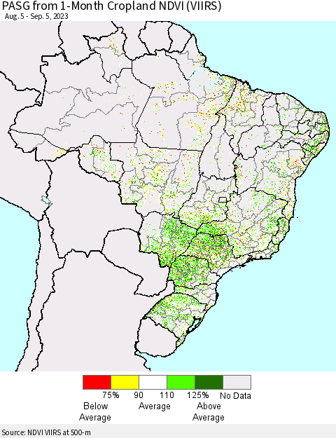 Brazil PASG from 1-Month Cropland NDVI (VIIRS) Thematic Map For 8/29/2023 - 9/5/2023