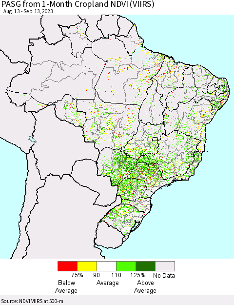 Brazil PASG from 1-Month Cropland NDVI (VIIRS) Thematic Map For 9/6/2023 - 9/13/2023