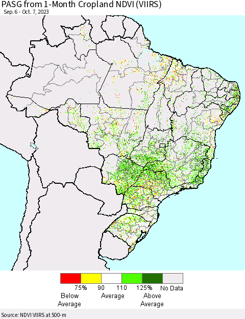 Brazil PASG from 1-Month Cropland NDVI (VIIRS) Thematic Map For 9/30/2023 - 10/7/2023