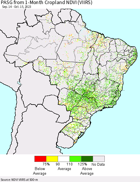 Brazil PASG from 1-Month Cropland NDVI (VIIRS) Thematic Map For 10/8/2023 - 10/15/2023
