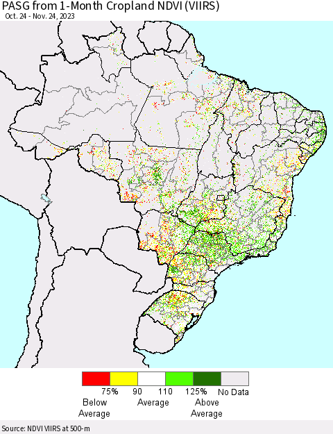 Brazil PASG from 1-Month Cropland NDVI (VIIRS) Thematic Map For 11/17/2023 - 11/24/2023