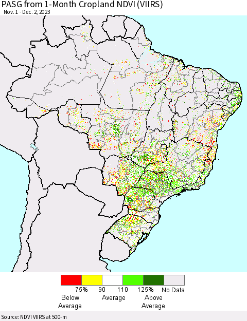 Brazil PASG from 1-Month Cropland NDVI (VIIRS) Thematic Map For 11/25/2023 - 12/2/2023