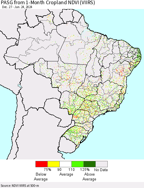 Brazil PASG from 1-Month Cropland NDVI (VIIRS) Thematic Map For 1/17/2024 - 1/24/2024