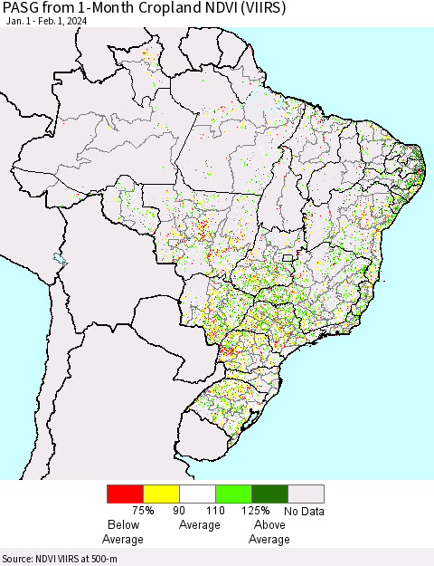 Brazil PASG from 1-Month Cropland NDVI (VIIRS) Thematic Map For 1/25/2024 - 2/1/2024