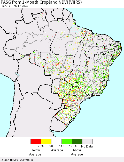 Brazil PASG from 1-Month Cropland NDVI (VIIRS) Thematic Map For 2/10/2024 - 2/17/2024