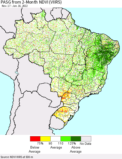 Brazil PASG from 2-Month NDVI (VIIRS) Thematic Map For 1/9/2022 - 1/16/2022