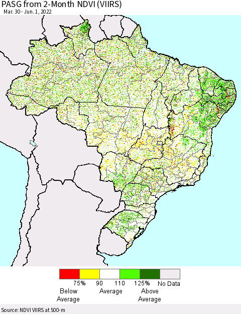 Brazil PASG from 2-Month NDVI (VIIRS) Thematic Map For 5/25/2022 - 6/1/2022