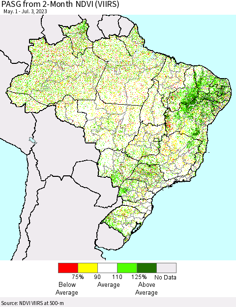 Brazil PASG from 2-Month NDVI (VIIRS) Thematic Map For 6/26/2023 - 7/3/2023