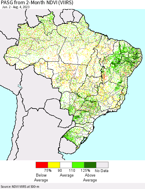 Brazil PASG from 2-Month NDVI (VIIRS) Thematic Map For 7/28/2023 - 8/4/2023
