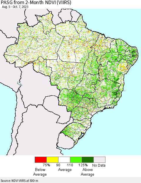 Brazil PASG from 2-Month NDVI (VIIRS) Thematic Map For 9/30/2023 - 10/7/2023