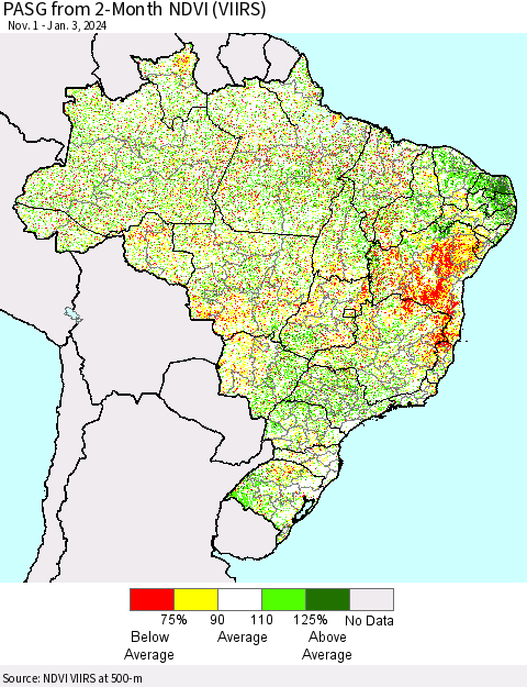 Brazil PASG from 2-Month NDVI (VIIRS) Thematic Map For 12/27/2023 - 1/3/2024