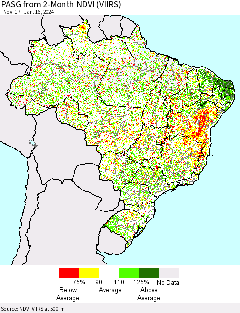Brazil PASG from 2-Month NDVI (VIIRS) Thematic Map For 1/9/2024 - 1/16/2024