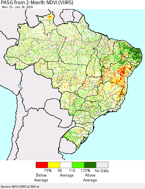 Brazil PASG from 2-Month NDVI (VIIRS) Thematic Map For 1/17/2024 - 1/24/2024