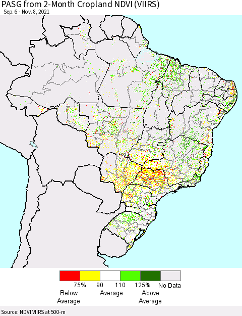 Brazil PASG from 2-Month Cropland NDVI (VIIRS) Thematic Map For 11/1/2021 - 11/8/2021