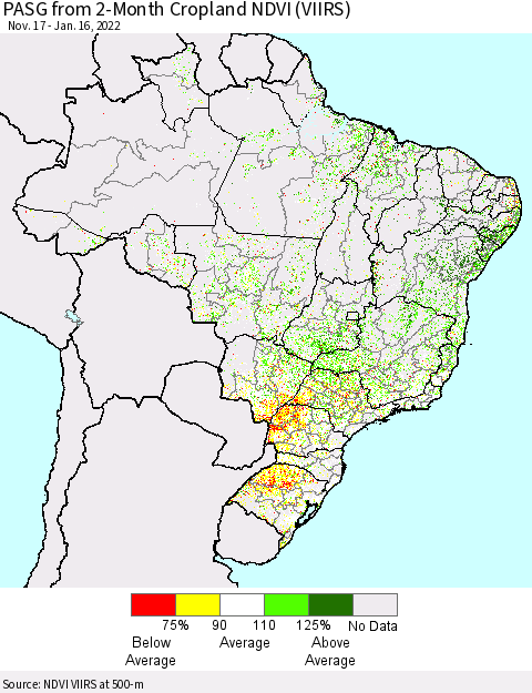 Brazil PASG from 2-Month Cropland NDVI (VIIRS) Thematic Map For 1/9/2022 - 1/16/2022