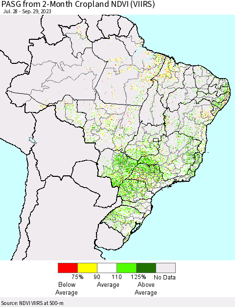 Brazil PASG from 2-Month Cropland NDVI (VIIRS) Thematic Map For 9/22/2023 - 9/29/2023