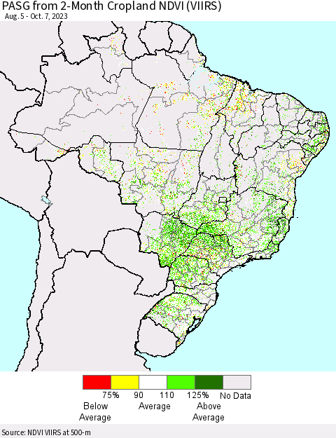 Brazil PASG from 2-Month Cropland NDVI (VIIRS) Thematic Map For 9/30/2023 - 10/7/2023