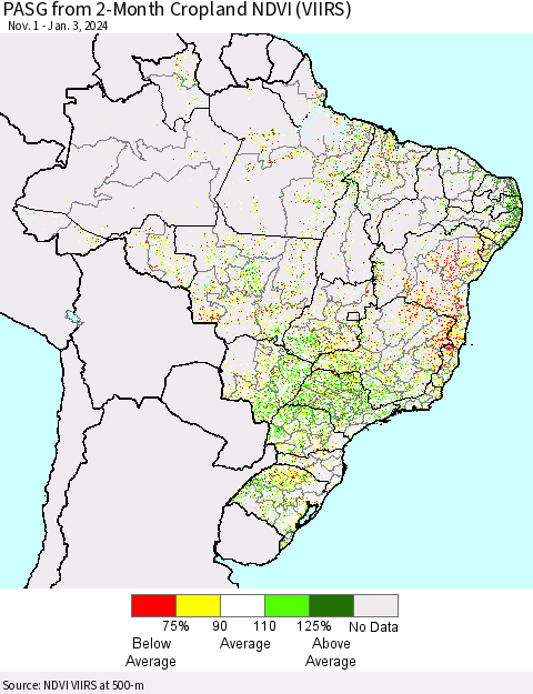 Brazil PASG from 2-Month Cropland NDVI (VIIRS) Thematic Map For 12/27/2023 - 1/3/2024