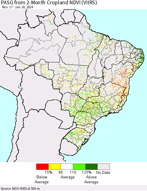 Brazil PASG from 2-Month Cropland NDVI (VIIRS) Thematic Map For 1/9/2024 - 1/16/2024