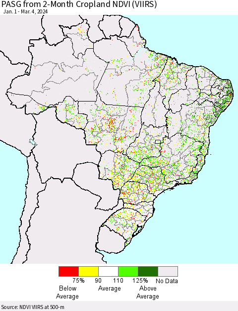 Brazil PASG from 2-Month Cropland NDVI (VIIRS) Thematic Map For 2/26/2024 - 3/4/2024