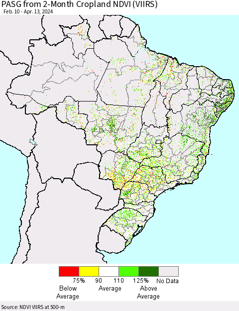 Brazil PASG from 2-Month Cropland NDVI (VIIRS) Thematic Map For 4/6/2024 - 4/13/2024