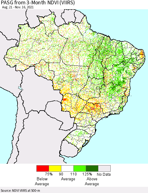 Brazil PASG from 3-Month NDVI (VIIRS) Thematic Map For 11/9/2021 - 11/16/2021