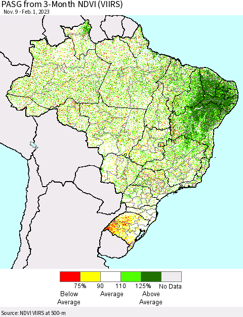 Brazil PASG from 3-Month NDVI (VIIRS) Thematic Map For 1/25/2023 - 2/1/2023