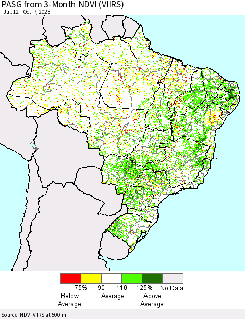 Brazil PASG from 3-Month NDVI (VIIRS) Thematic Map For 9/30/2023 - 10/7/2023