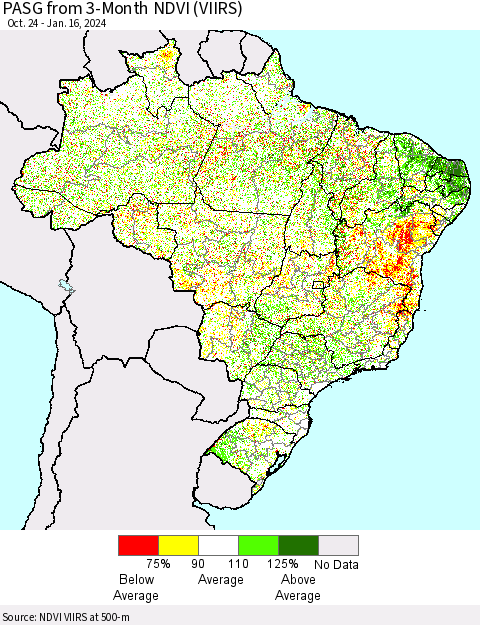 Brazil PASG from 3-Month NDVI (VIIRS) Thematic Map For 1/9/2024 - 1/16/2024