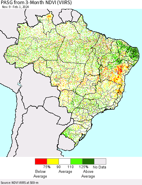 Brazil PASG from 3-Month NDVI (VIIRS) Thematic Map For 1/25/2024 - 2/1/2024