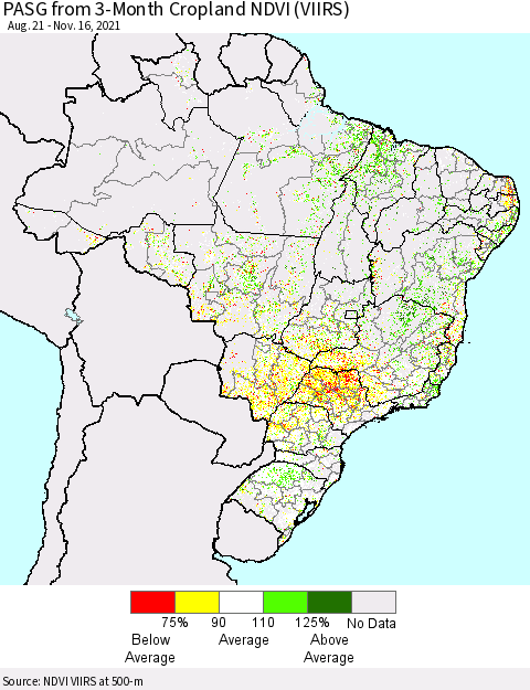 Brazil PASG from 3-Month Cropland NDVI (VIIRS) Thematic Map For 11/9/2021 - 11/16/2021
