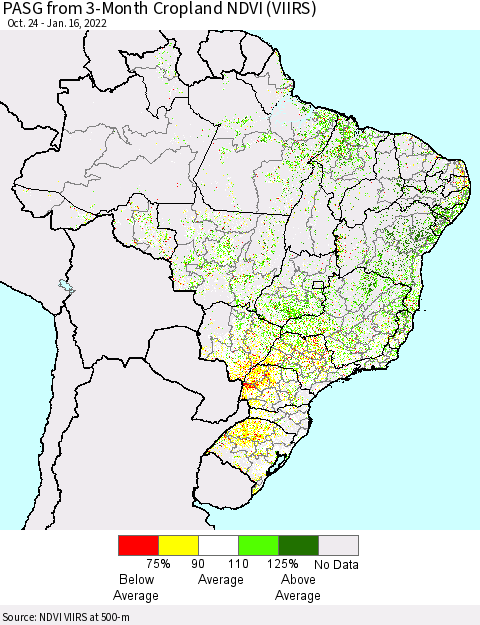 Brazil PASG from 3-Month Cropland NDVI (VIIRS) Thematic Map For 1/9/2022 - 1/16/2022
