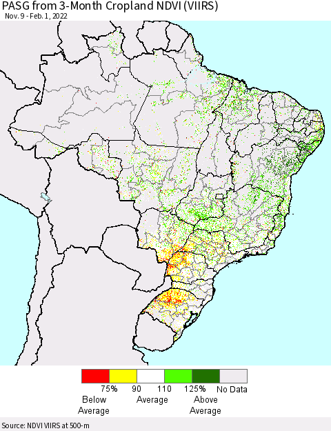 Brazil PASG from 3-Month Cropland NDVI (VIIRS) Thematic Map For 1/25/2022 - 2/1/2022