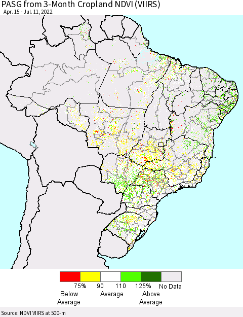 Brazil PASG from 3-Month Cropland NDVI (VIIRS) Thematic Map For 7/4/2022 - 7/11/2022