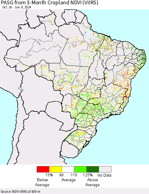 Brazil PASG from 3-Month Cropland NDVI (VIIRS) Thematic Map For 1/1/2024 - 1/8/2024