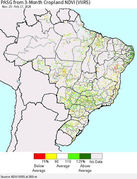 Brazil PASG from 3-Month Cropland NDVI (VIIRS) Thematic Map For 2/10/2024 - 2/17/2024