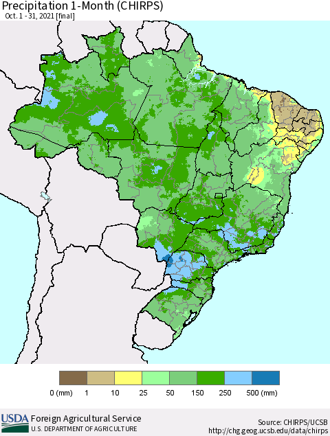 Brazil Precipitation 1-Month (CHIRPS) Thematic Map For 10/1/2021 - 10/31/2021