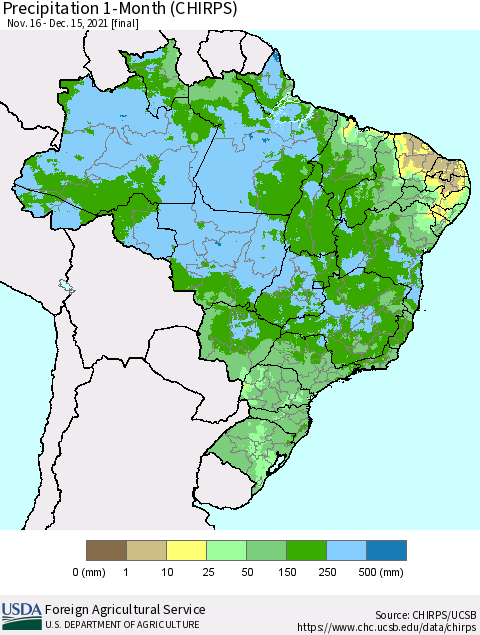 Brazil Precipitation 1-Month (CHIRPS) Thematic Map For 11/16/2021 - 12/15/2021