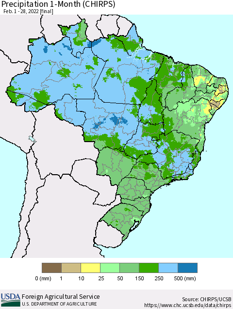 Brazil Precipitation 1-Month (CHIRPS) Thematic Map For 2/1/2022 - 2/28/2022
