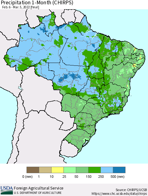 Brazil Precipitation 1-Month (CHIRPS) Thematic Map For 2/6/2022 - 3/5/2022