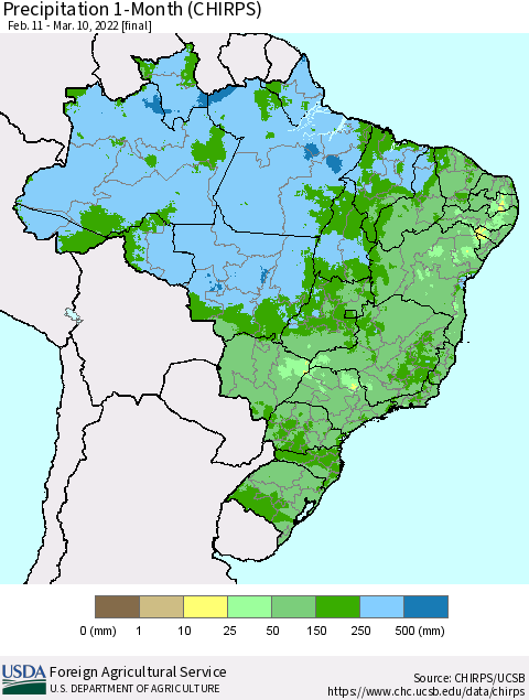 Brazil Precipitation 1-Month (CHIRPS) Thematic Map For 2/11/2022 - 3/10/2022