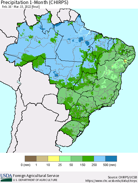 Brazil Precipitation 1-Month (CHIRPS) Thematic Map For 2/16/2022 - 3/15/2022