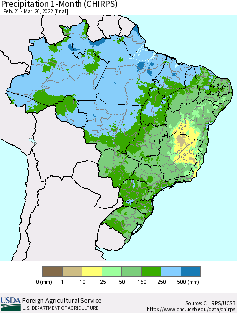 Brazil Precipitation 1-Month (CHIRPS) Thematic Map For 2/21/2022 - 3/20/2022